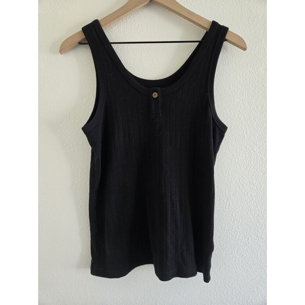 Everlane Pointelle Knit Black Large Henley Tank Top Organic Cotton Minimalist